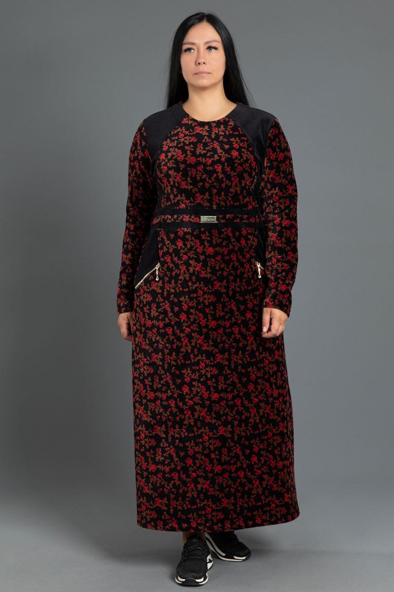 Desenli Uzun Fitilli Kadife Tesettür Elbise 0