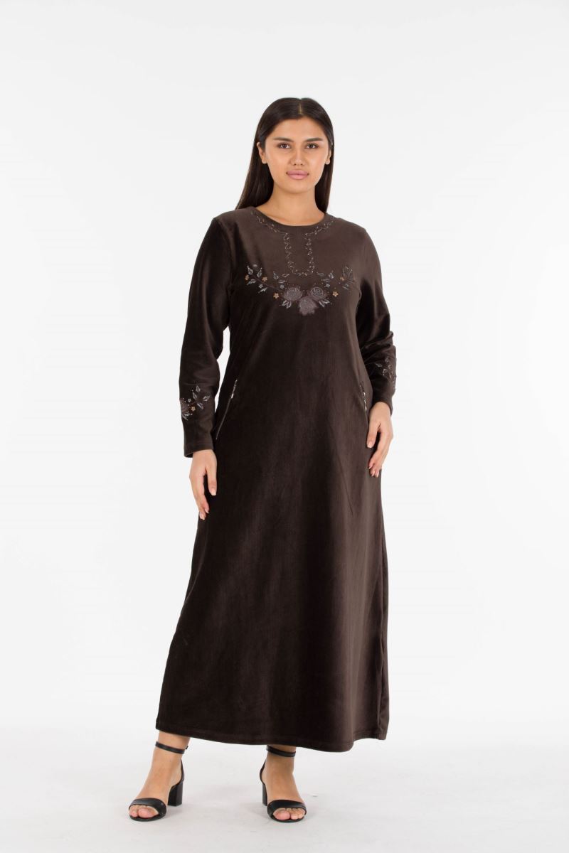 Uzun Fitilli Kadife Tesettür Elbise 0