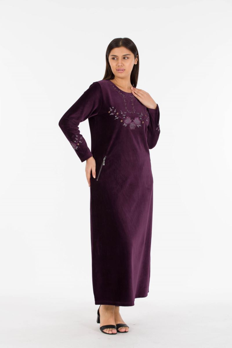 Uzun Fitilli Kadife Tesettür Elbise 0