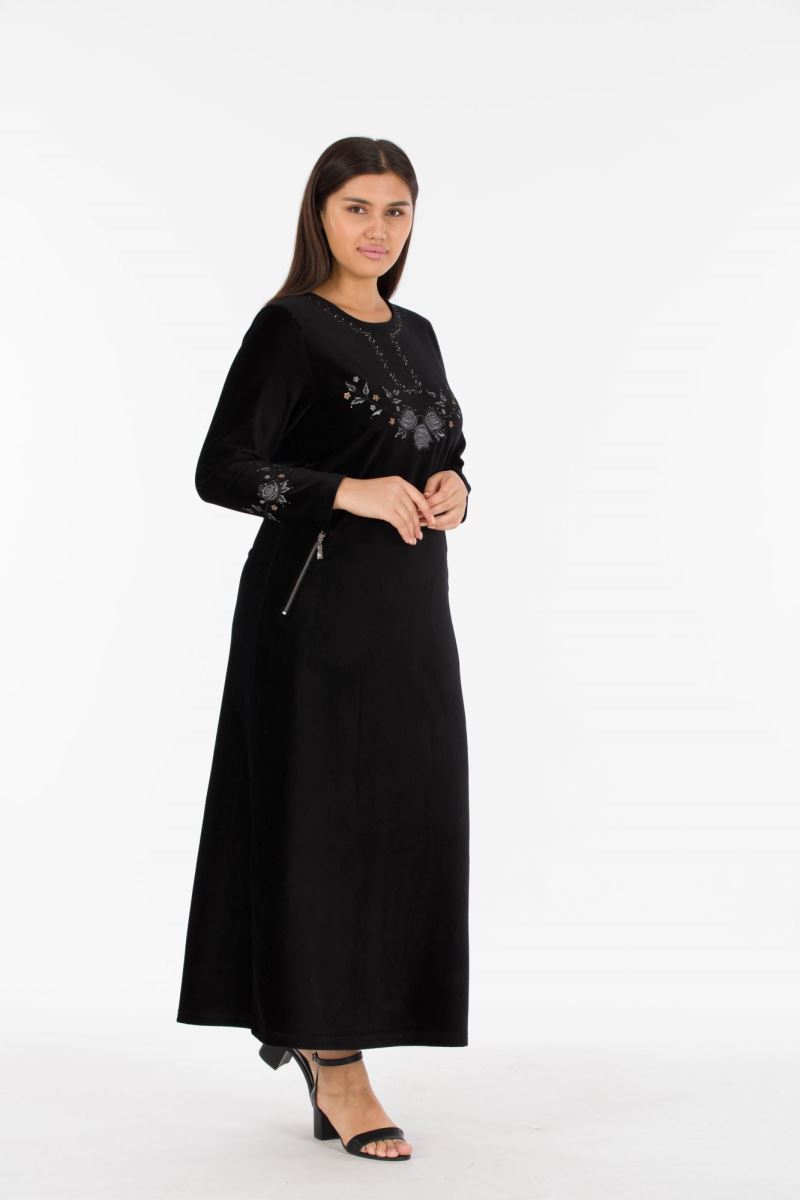 Uzun Fitilli Kadife Tesettür Elbise 0