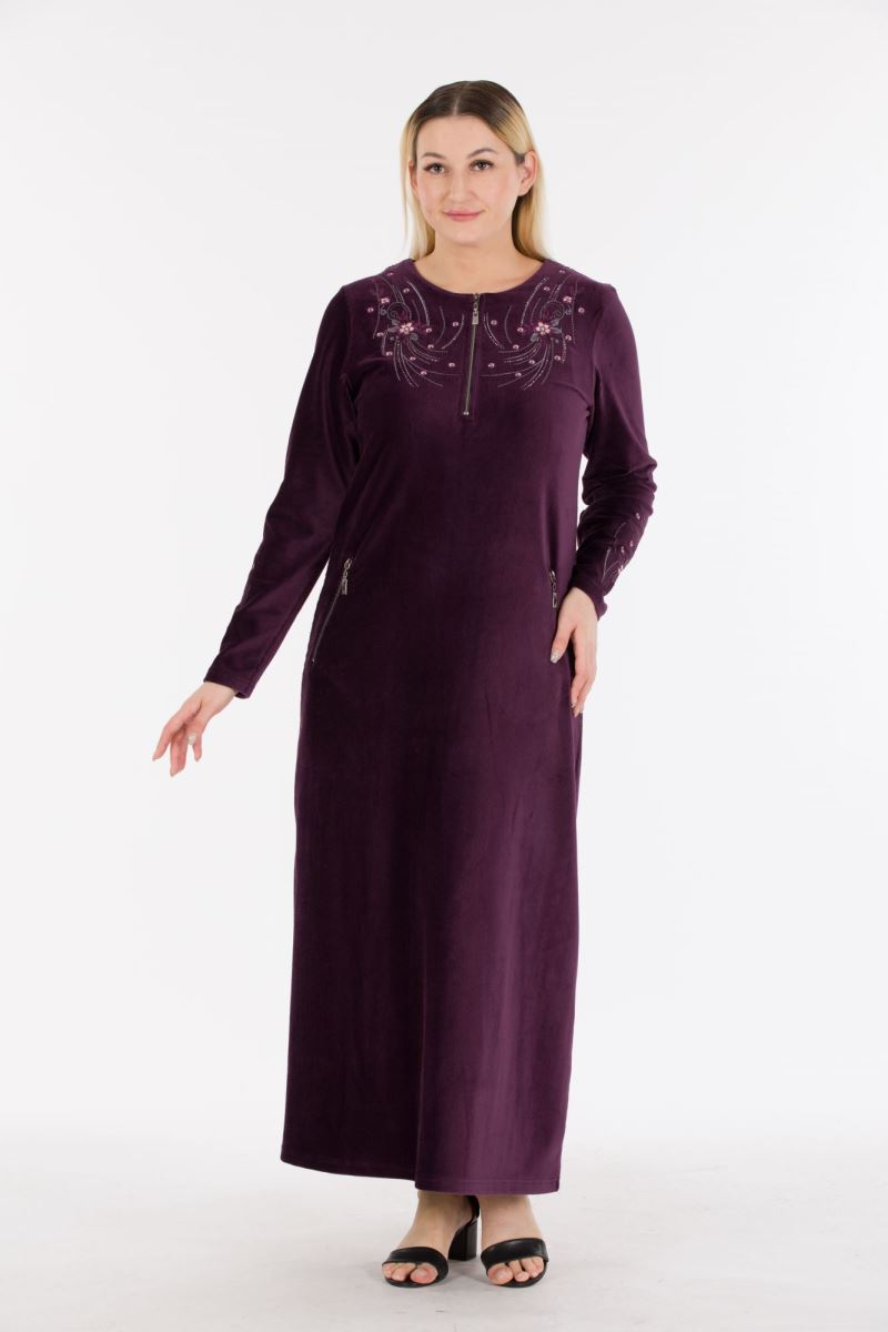 Uzun Fitilli Kadife Tesettür Elbise 0