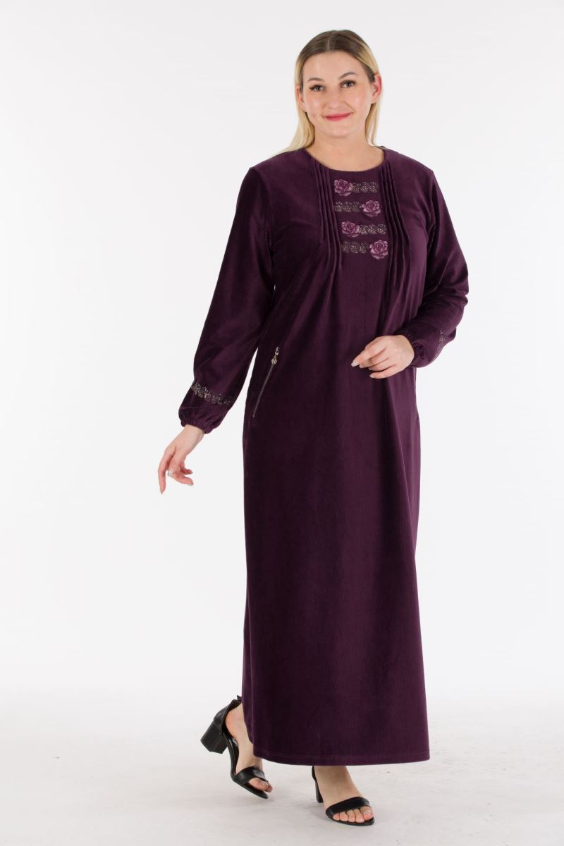 Uzun Fitilli Kadife Tesettür Elbise 0