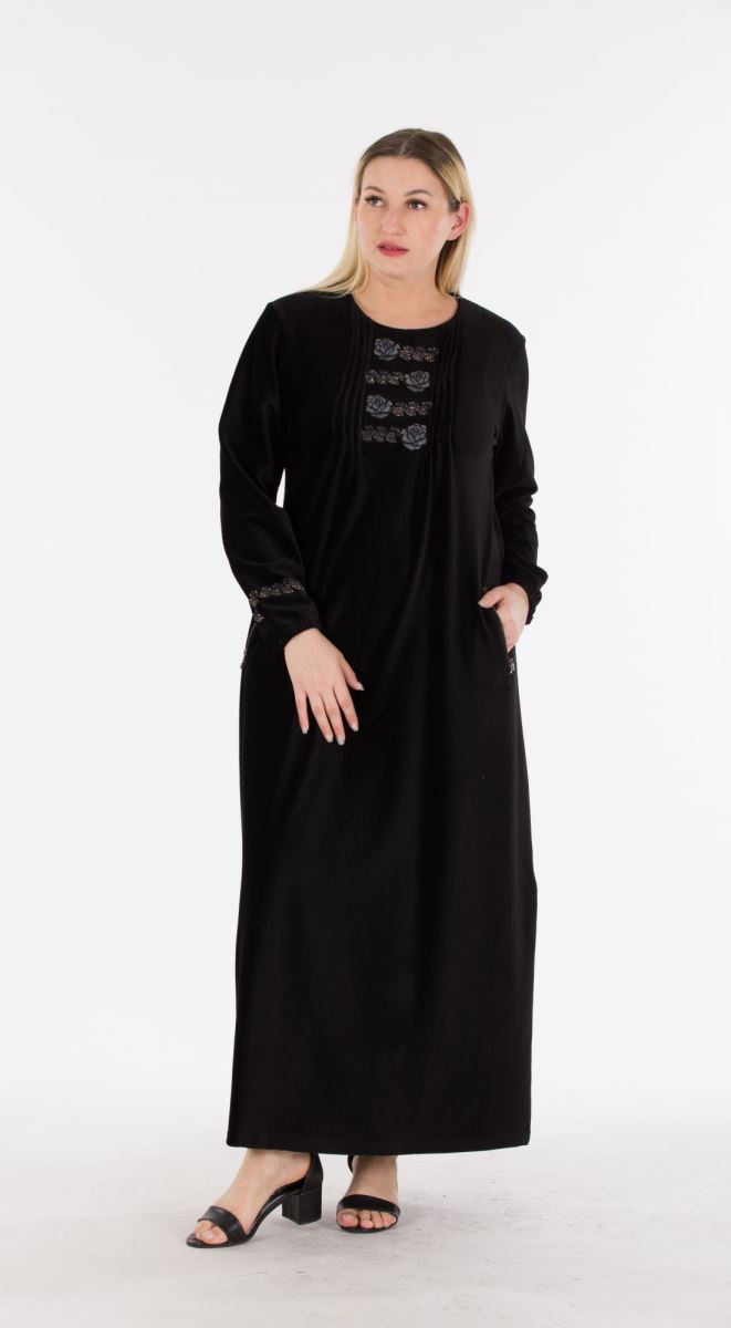 Uzun Fitilli Kadife Tesettür Elbise 0