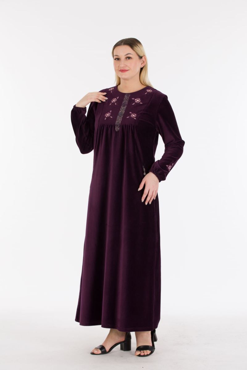 Uzun Fitilli Kadife Tesettür Elbise 0