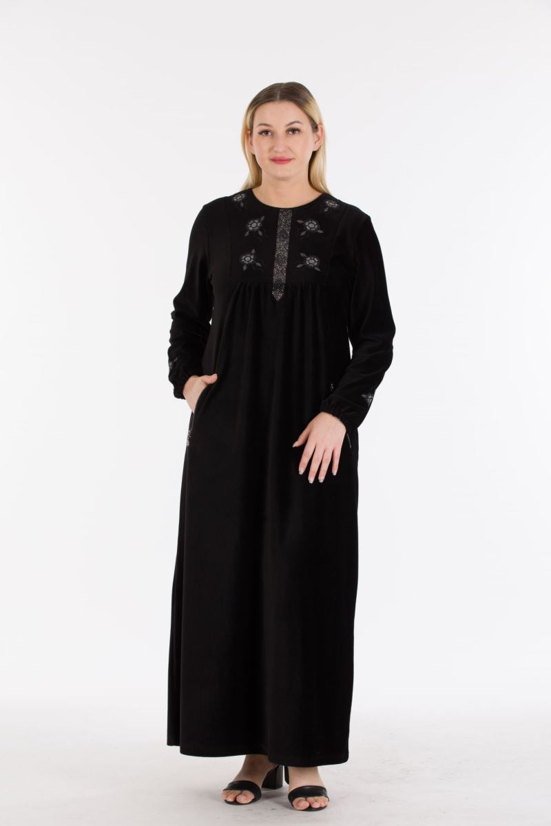 Uzun Fitilli Kadife Tesettür Elbise 0