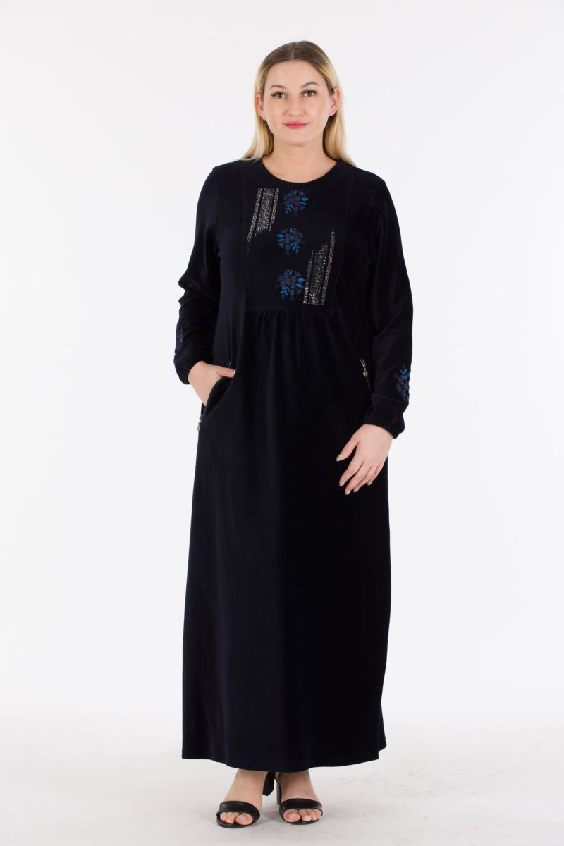 Uzun Fitilli Kadife Tesettür Elbise 0