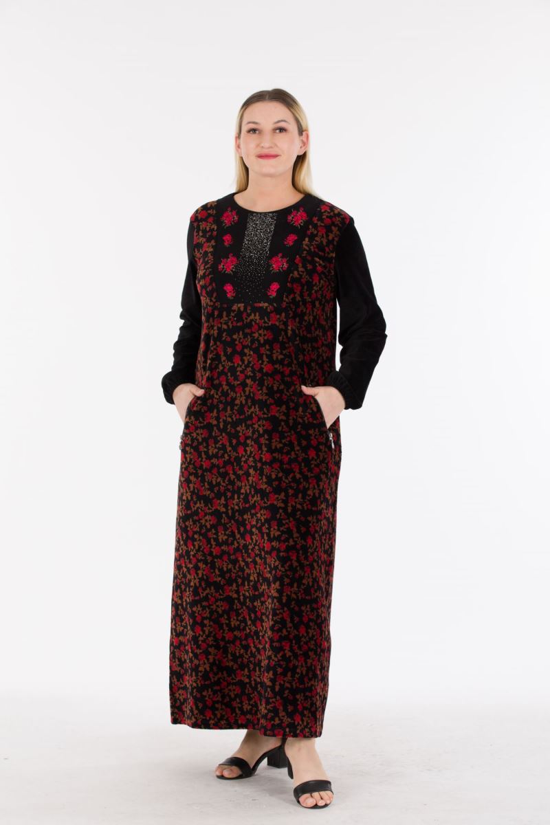 Uzun Fitilli Kadife Tesettür Elbise 0