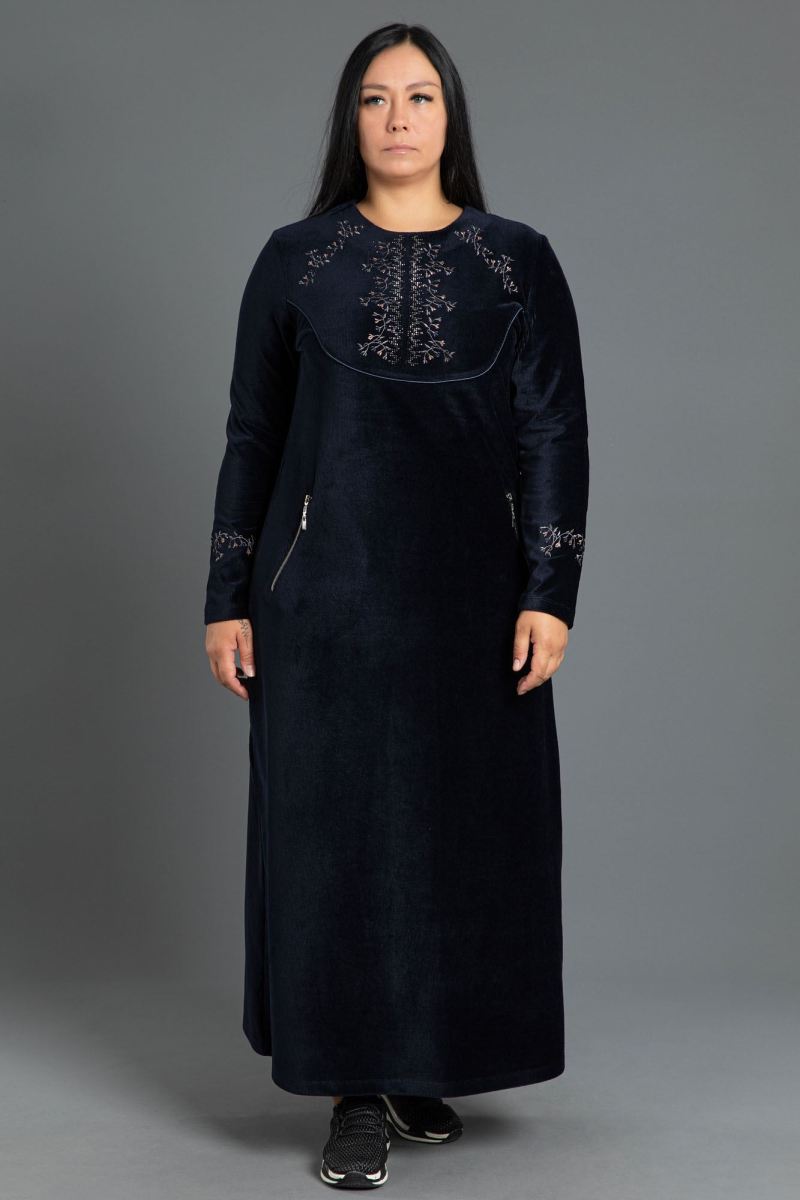 Uzun Fitlli Kadife Tesettür Elbise 0