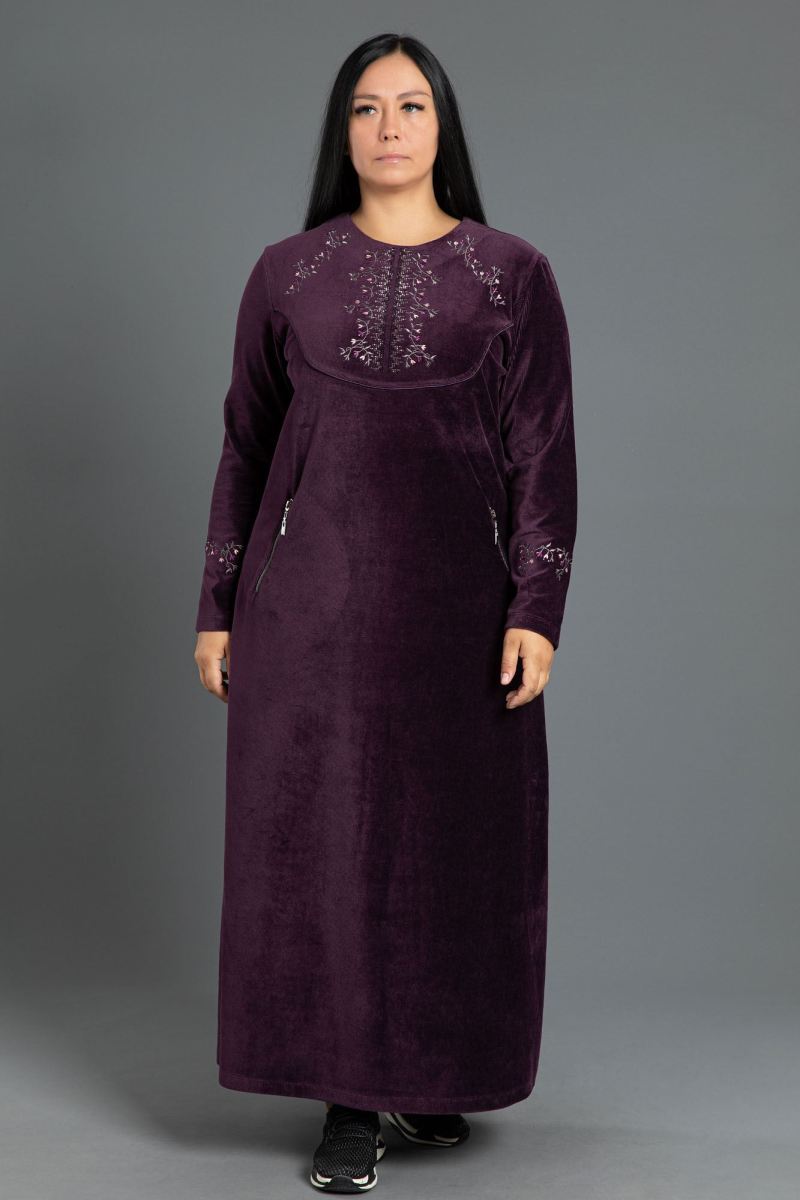 Uzun Fitlli Kadife Tesettür Elbise 0