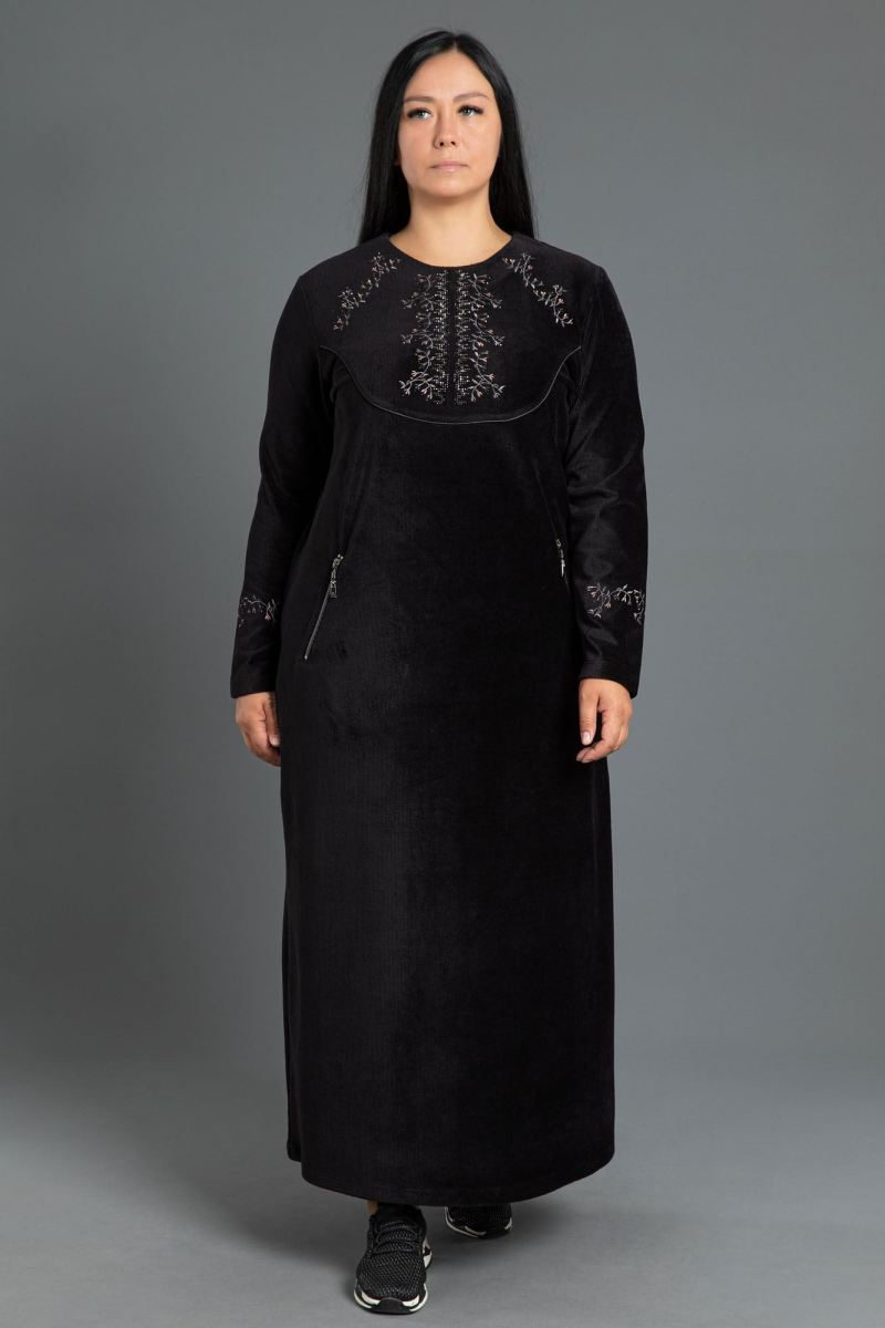 Uzun Fitlli Kadife Tesettür Elbise 0